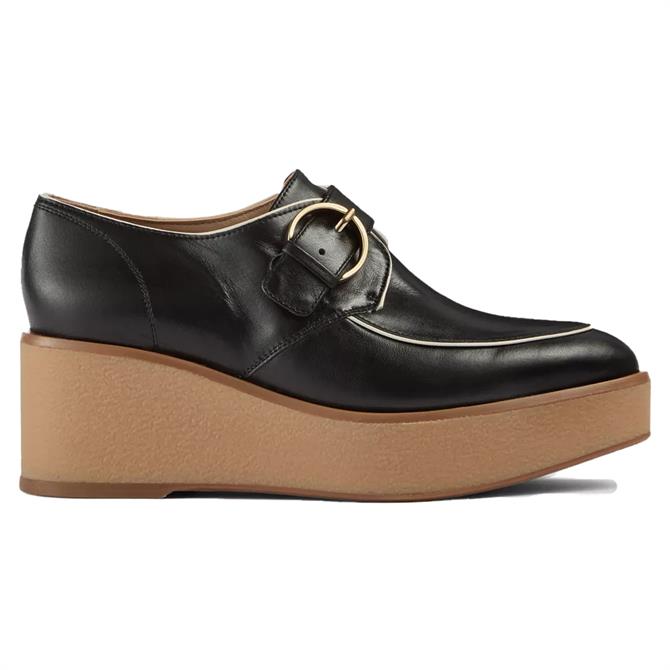 L.K. Bennett Drew Black Leather Wedge Heel Monk Shoes
